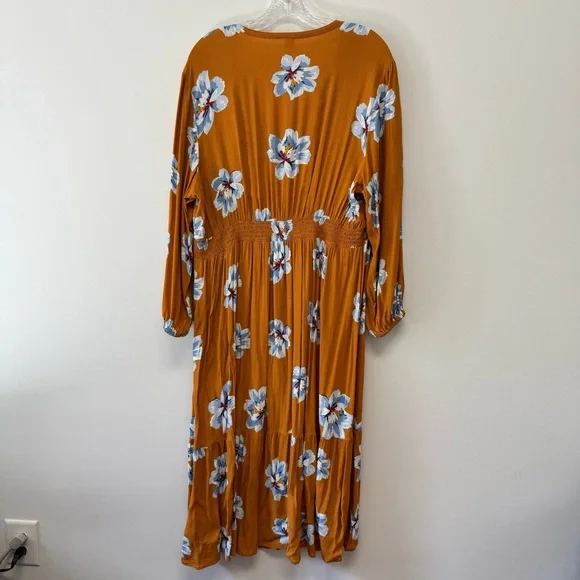 Old Navy Empire-Waist Split-Neck Floral Midi Dress Mustard Floral Tiered Size XL - Picture 6 of 15
